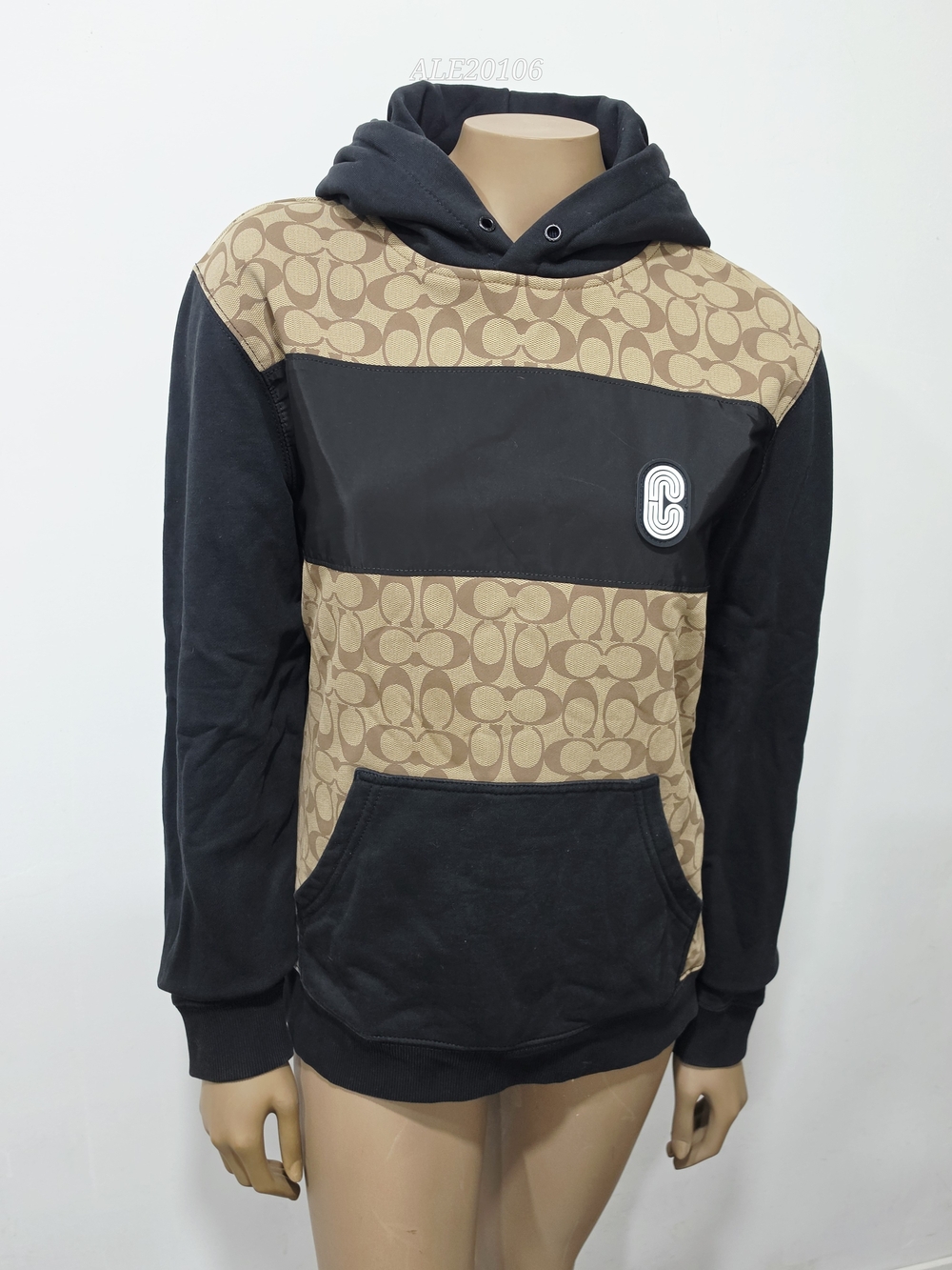 Coach Men’s Signature C Colorblock Pullover Hoodie Black Khaki Small